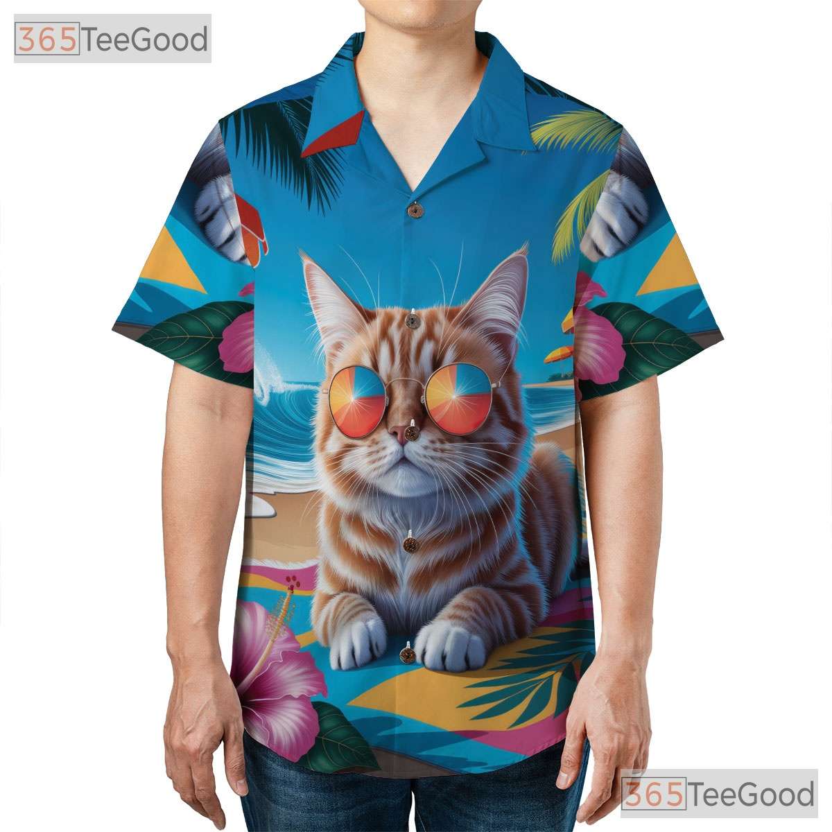 Cool Cat Sunglasses Hawaiian Tee- Unisex Tropical Palm Hibiscus Beach Party Top