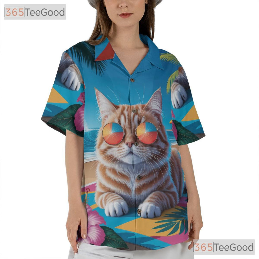 Cool Cat Sunglasses Hawaiian Tee- Unisex Tropical Palm Hibiscus Beach Party Top