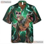 Cool Dinosaur Cat Riding T-Rex Pineapple Print Hawaiian Tee Unisex Outfit Top