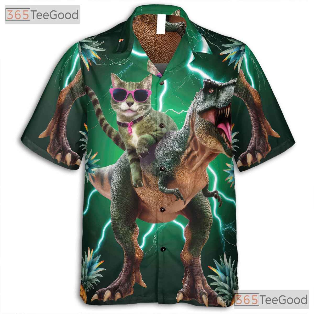 Cool Dinosaur Cat Riding T-Rex Pineapple Print Hawaiian Tee Unisex Outfit Top