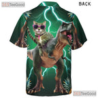 Cool Dinosaur Cat Riding T-Rex Pineapple Print Hawaiian Tee Unisex Outfit Top