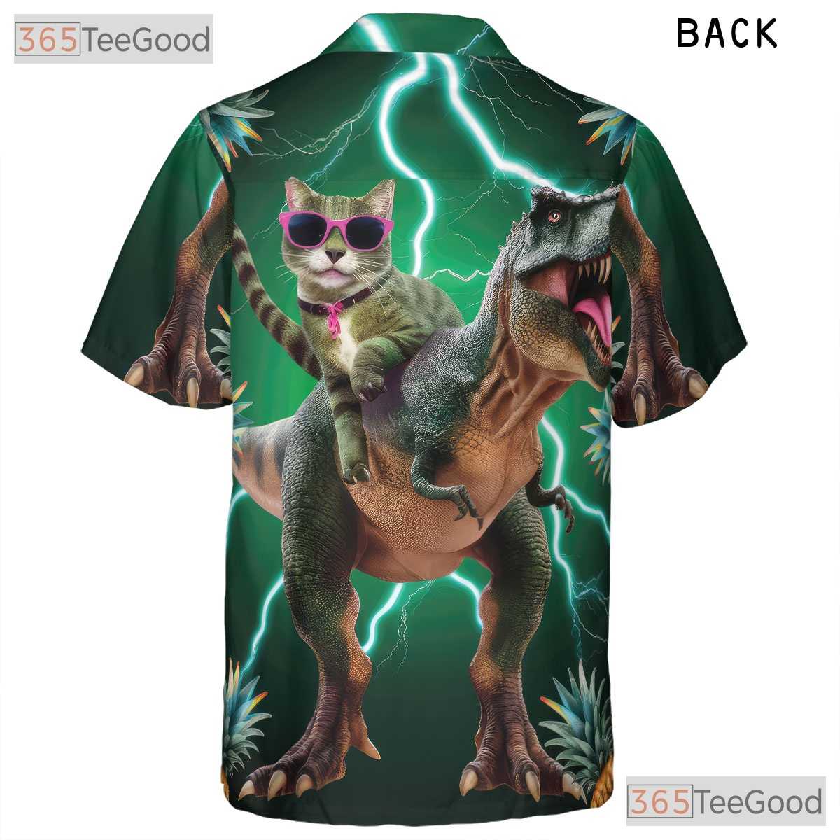Cool Dinosaur Cat Riding T-Rex Pineapple Print Hawaiian Tee Unisex Outfit Top