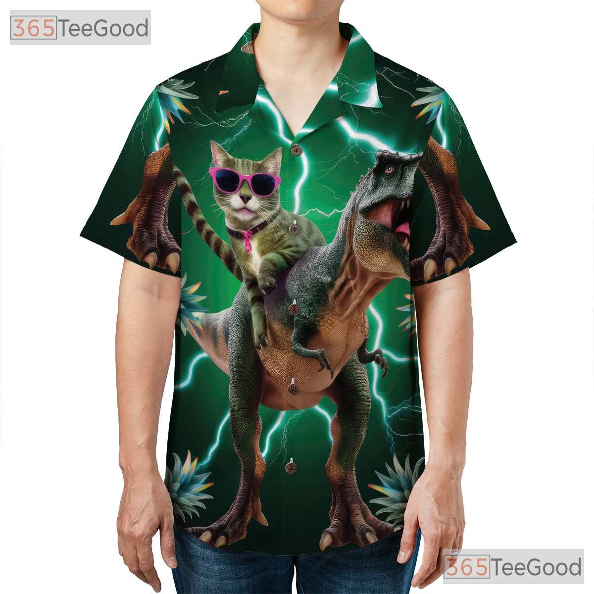 Cool Dinosaur Cat Riding T-Rex Pineapple Print Hawaiian Tee Unisex Outfit Top