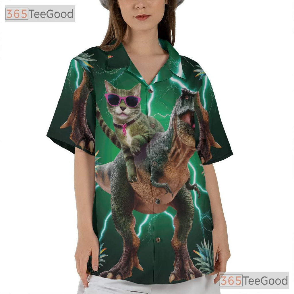 Cool Dinosaur Cat Riding T-Rex Pineapple Print Hawaiian Tee Unisex Outfit Top