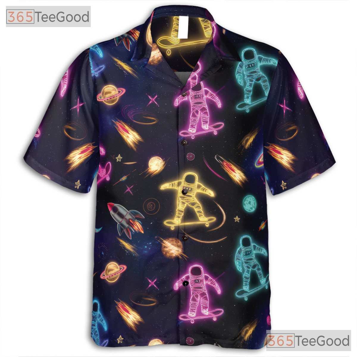 Cool Neon Astronaut Skateboard Hawaiian Shirt- Unisex Galaxy Space Planet Top