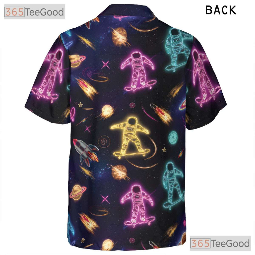 Cool Neon Astronaut Skateboard Hawaiian Shirt- Unisex Galaxy Space Planet Top