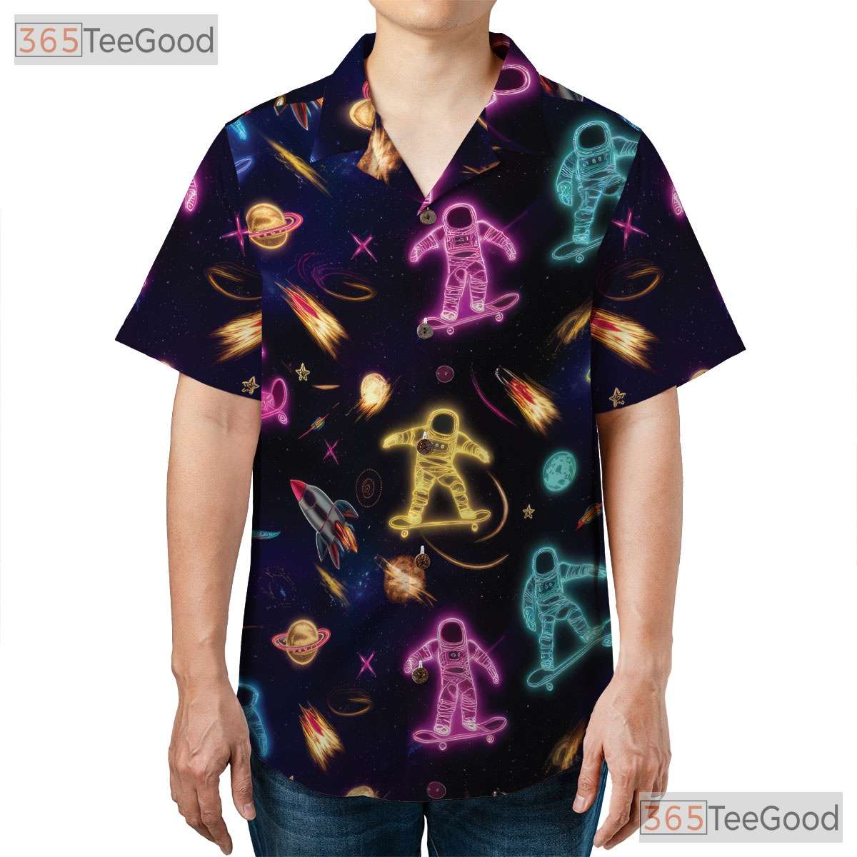Cool Neon Astronaut Skateboard Hawaiian Shirt- Unisex Galaxy Space Planet Top