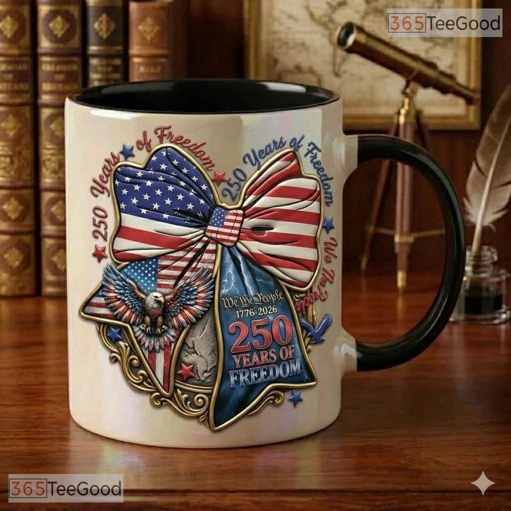 Personalized 3D Bow 250th Anniversary Mug - Coquette 1776-2026 Patriotic Ceramic Mug