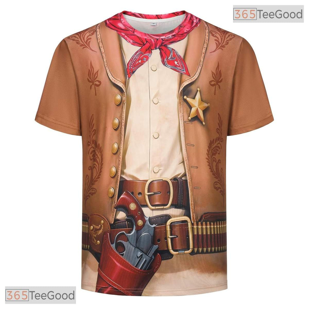 Light Brown Cowboy Western Costume Novelty 3D Pattern Printed Casual Unisex Tee Shirt
