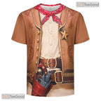 Light Brown Cowboy Western Costume Novelty 3D Pattern Printed Casual Unisex Tee Shirt