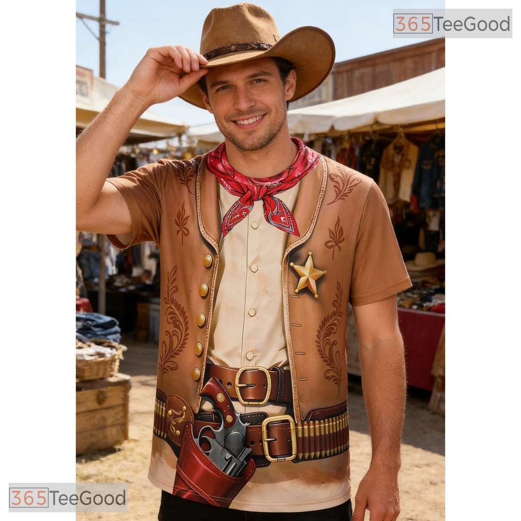Light Brown Cowboy Western Costume Novelty 3D Pattern Printed Casual Unisex Tee Shirt