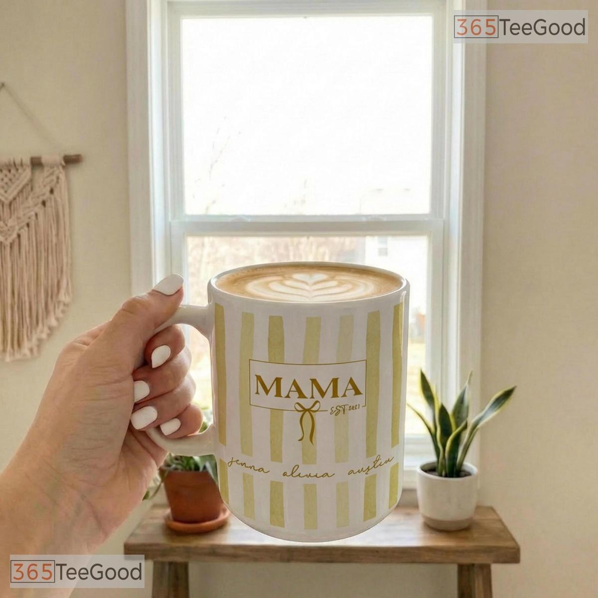 Personalized Kids Names Mama Mug - Custom Stripe Mother's Day Gift Ceramic Accent Mug