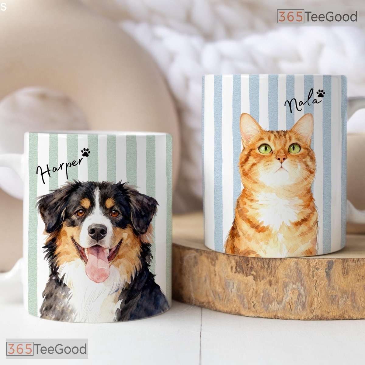 Custom Striped Pet Photo Name Mug - Personalized Dog Mom Keepsake Ceramic Accent Mug