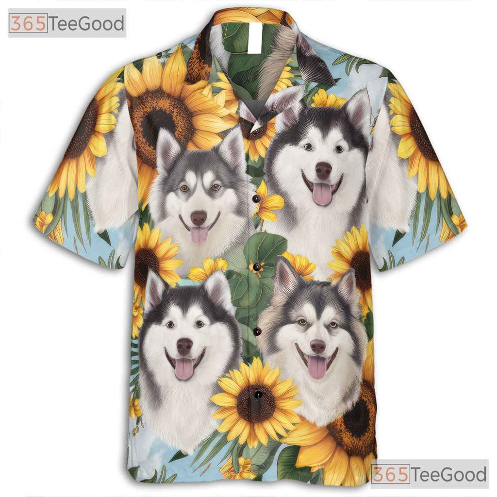 Cute Fluffy Dogs Sunflower Print Summer Aloha Hawaiian Tee Unisex Beachwear
