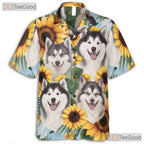 Cute Fluffy Dogs Sunflower Print Summer Aloha Hawaiian Tee Unisex Beachwear