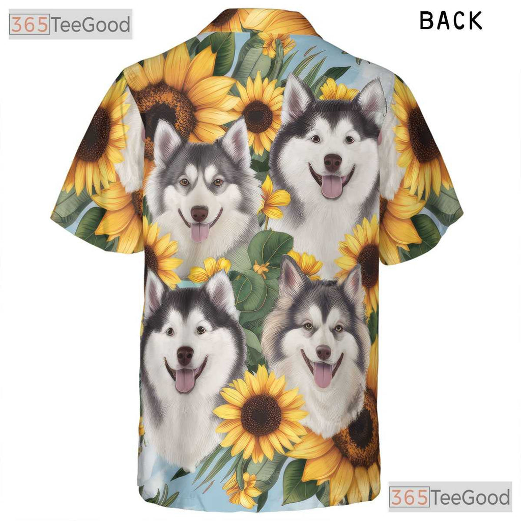 Cute Fluffy Dogs Sunflower Print Summer Aloha Hawaiian Tee Unisex Beachwear