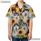 Cute Fluffy Dogs Sunflower Print Summer Aloha Hawaiian Tee Unisex Beachwear