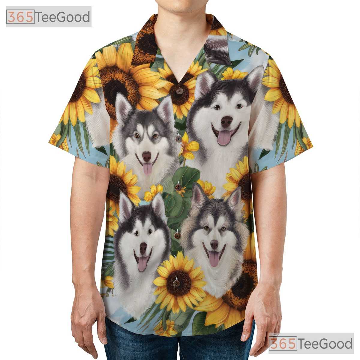 Cute Fluffy Dogs Sunflower Print Summer Aloha Hawaiian Tee Unisex Beachwear