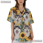 Cute Fluffy Dogs Sunflower Print Summer Aloha Hawaiian Tee Unisex Beachwear