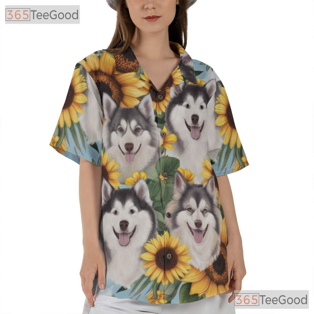 Cute Fluffy Dogs Sunflower Print Summer Aloha Hawaiian Tee Unisex Beachwear