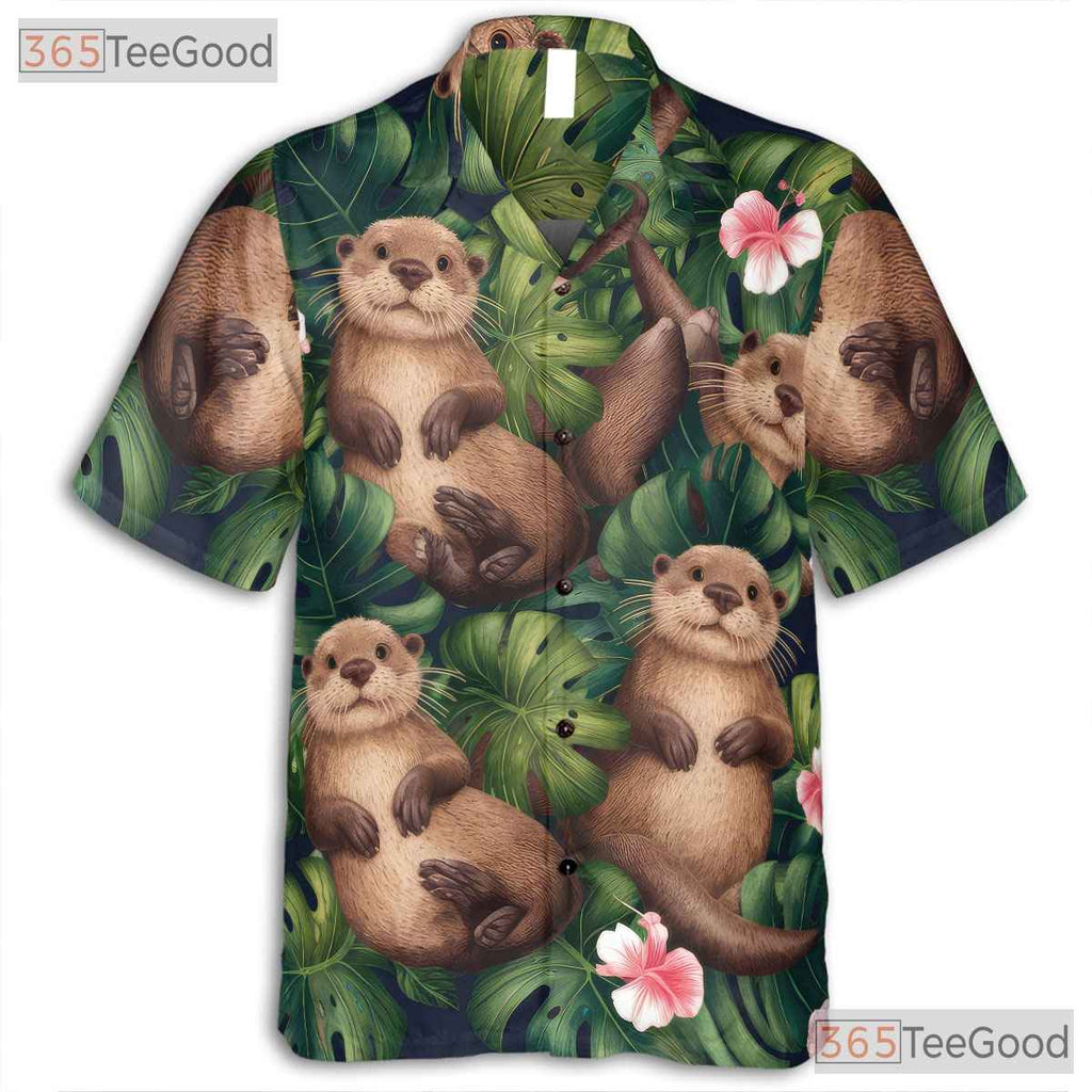 Cute Otter Tropical Jungle Leaves Print Hawaiian Shirt Unisex Beachwear Top