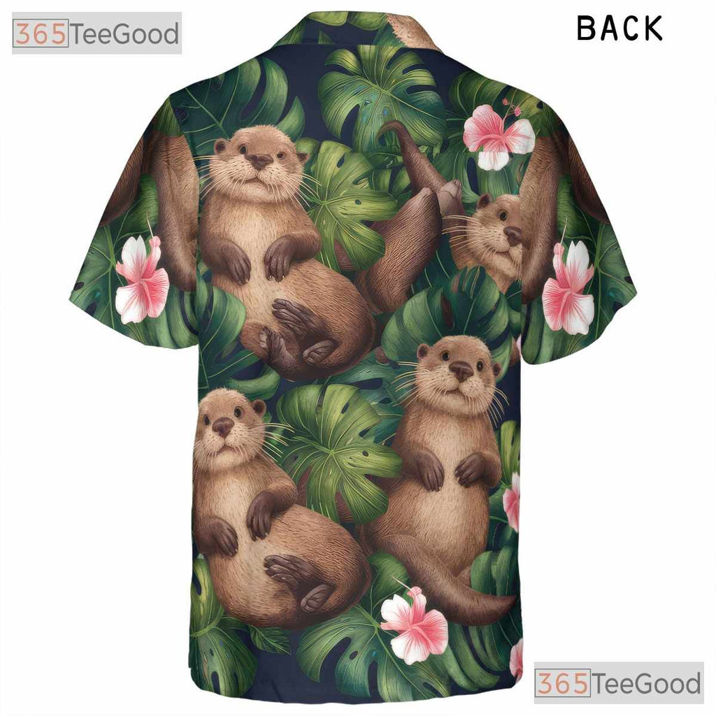 Cute Otter Tropical Jungle Leaves Print Hawaiian Shirt Unisex Beachwear Top