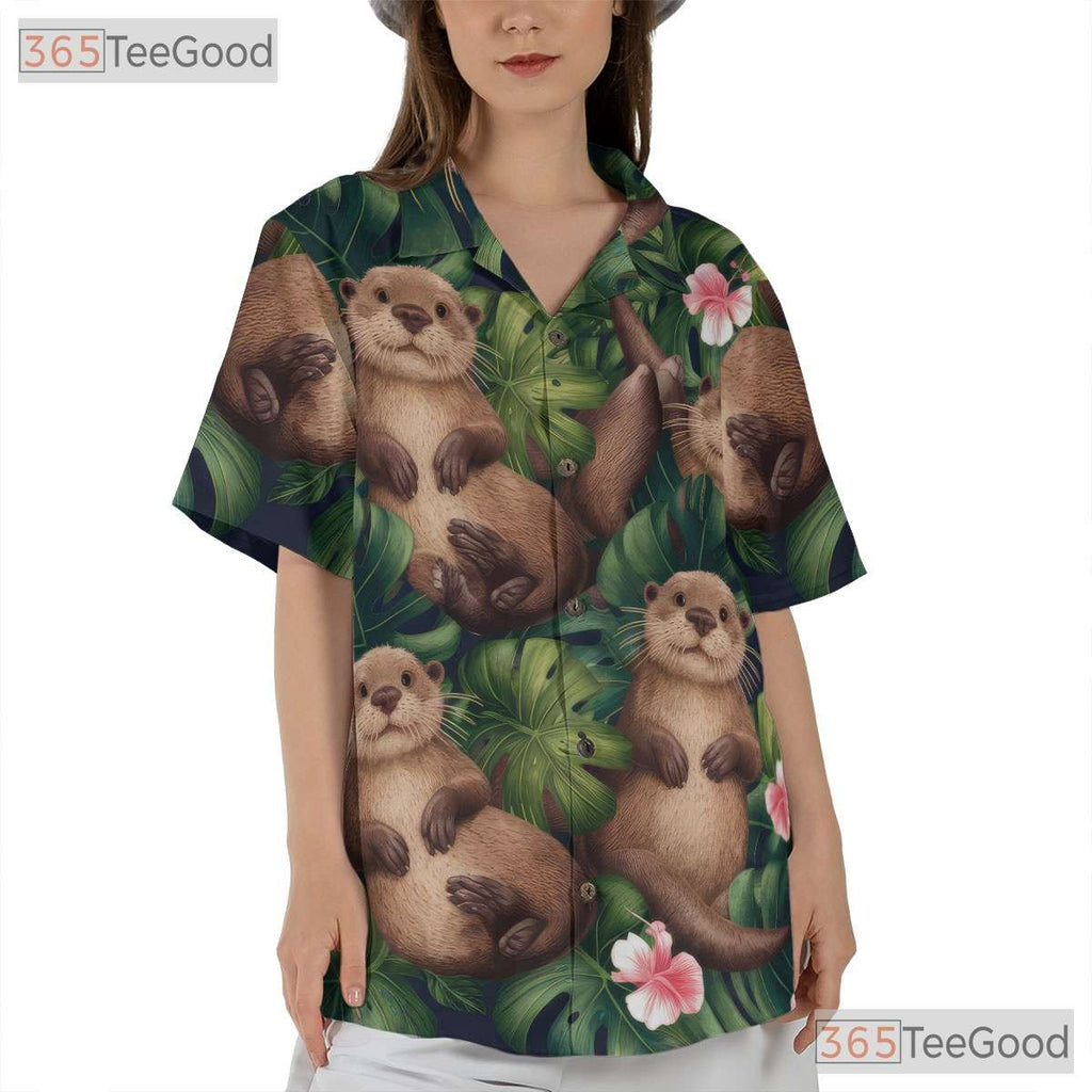Cute Otter Tropical Jungle Leaves Print Hawaiian Shirt Unisex Beachwear Top