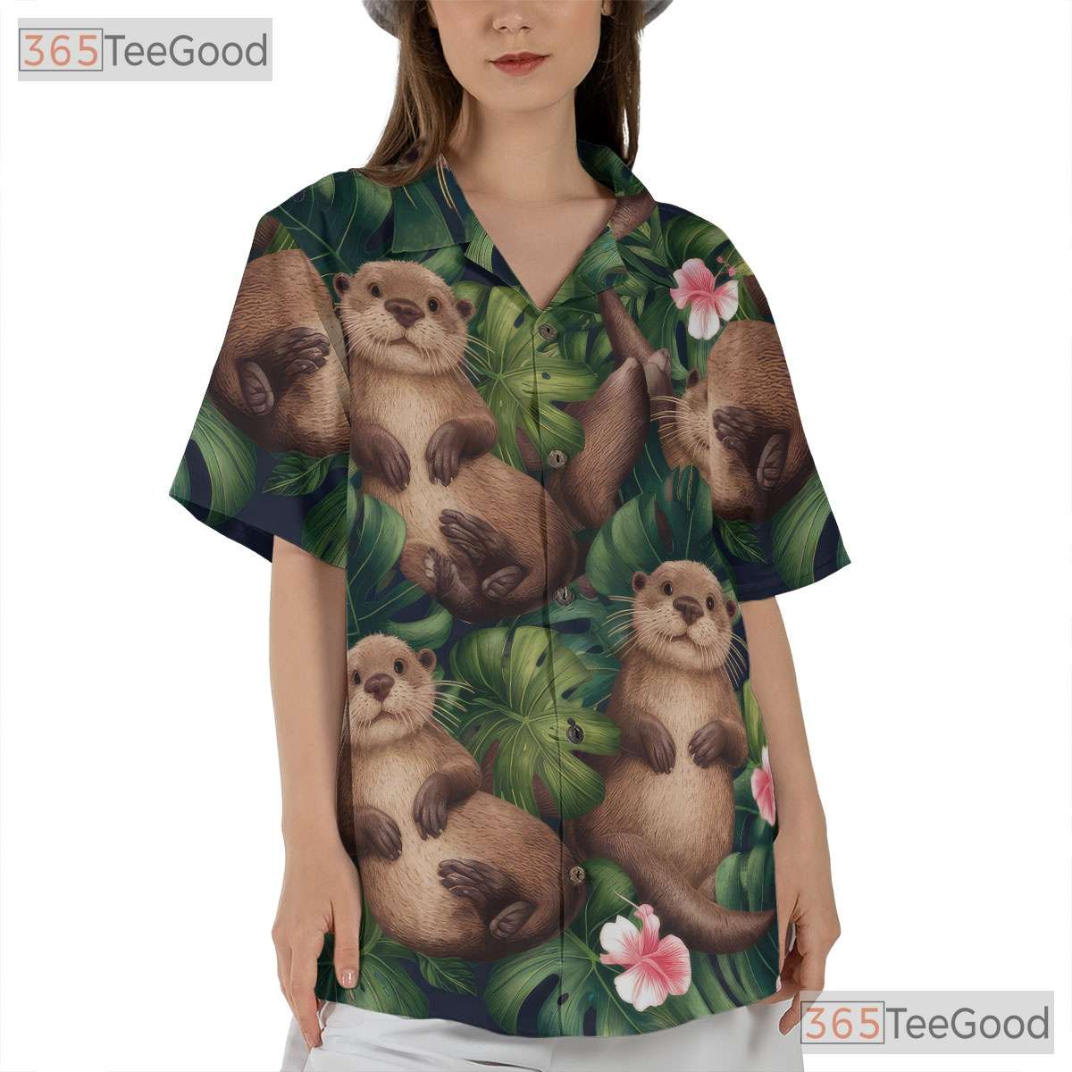 Cute Otter Tropical Jungle Leaves Print Hawaiian Shirt Unisex Beachwear Top