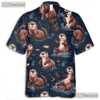 Cute Sea Otters Ocean Pattern Navy Blue Hawaiian Tee Men Women Aloha Outfit