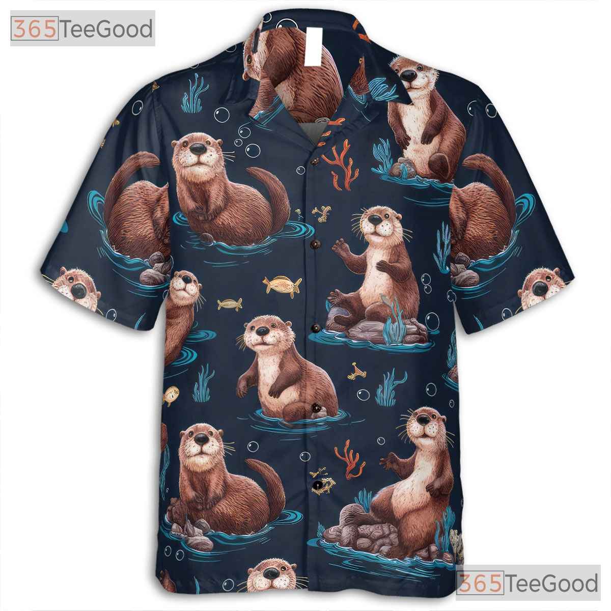 Cute Sea Otters Ocean Pattern Navy Blue Hawaiian Tee Men Women Aloha Outfit