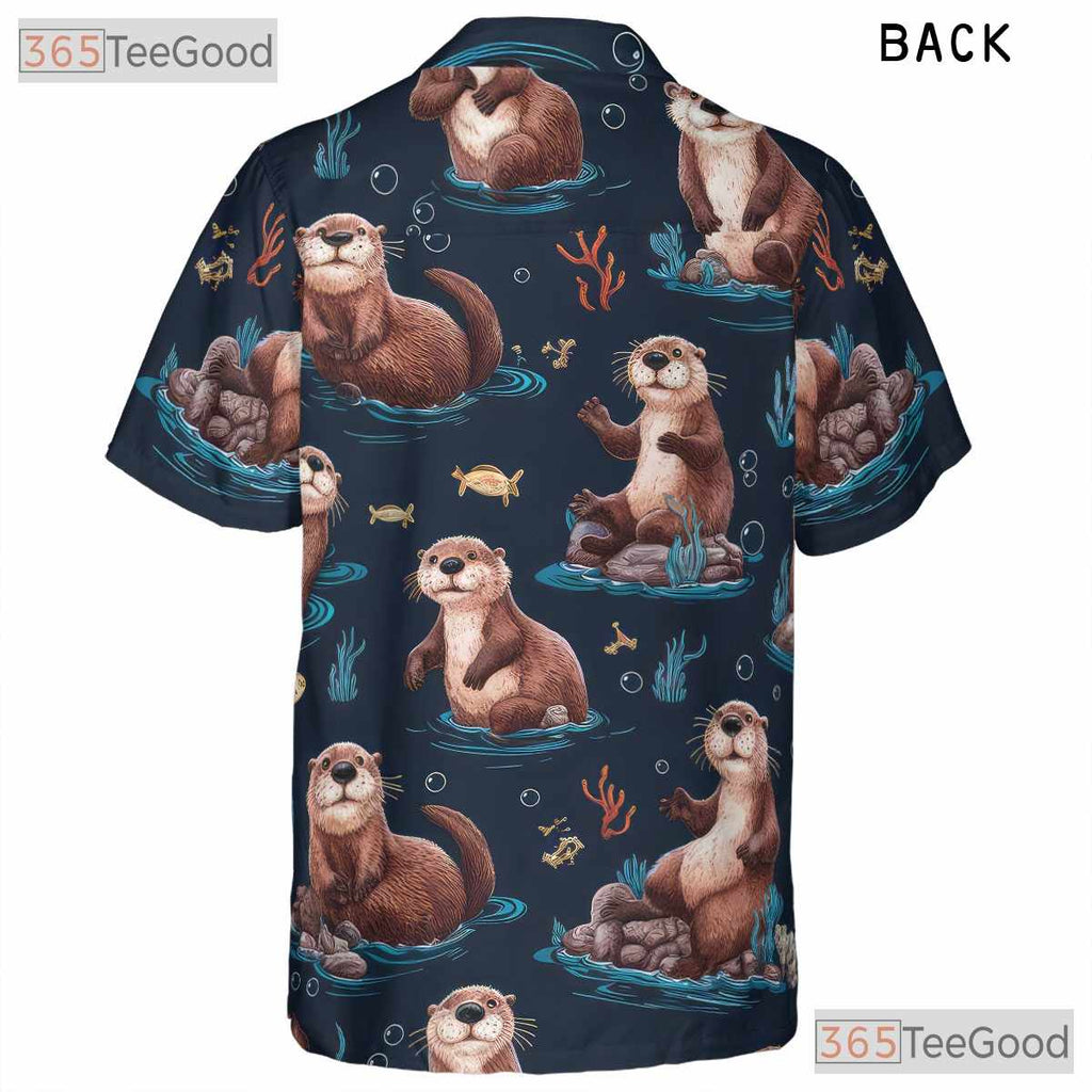 Cute Sea Otters Ocean Pattern Navy Blue Hawaiian Tee Men Women Aloha Outfit