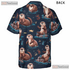Cute Sea Otters Ocean Pattern Navy Blue Hawaiian Tee Men Women Aloha Outfit