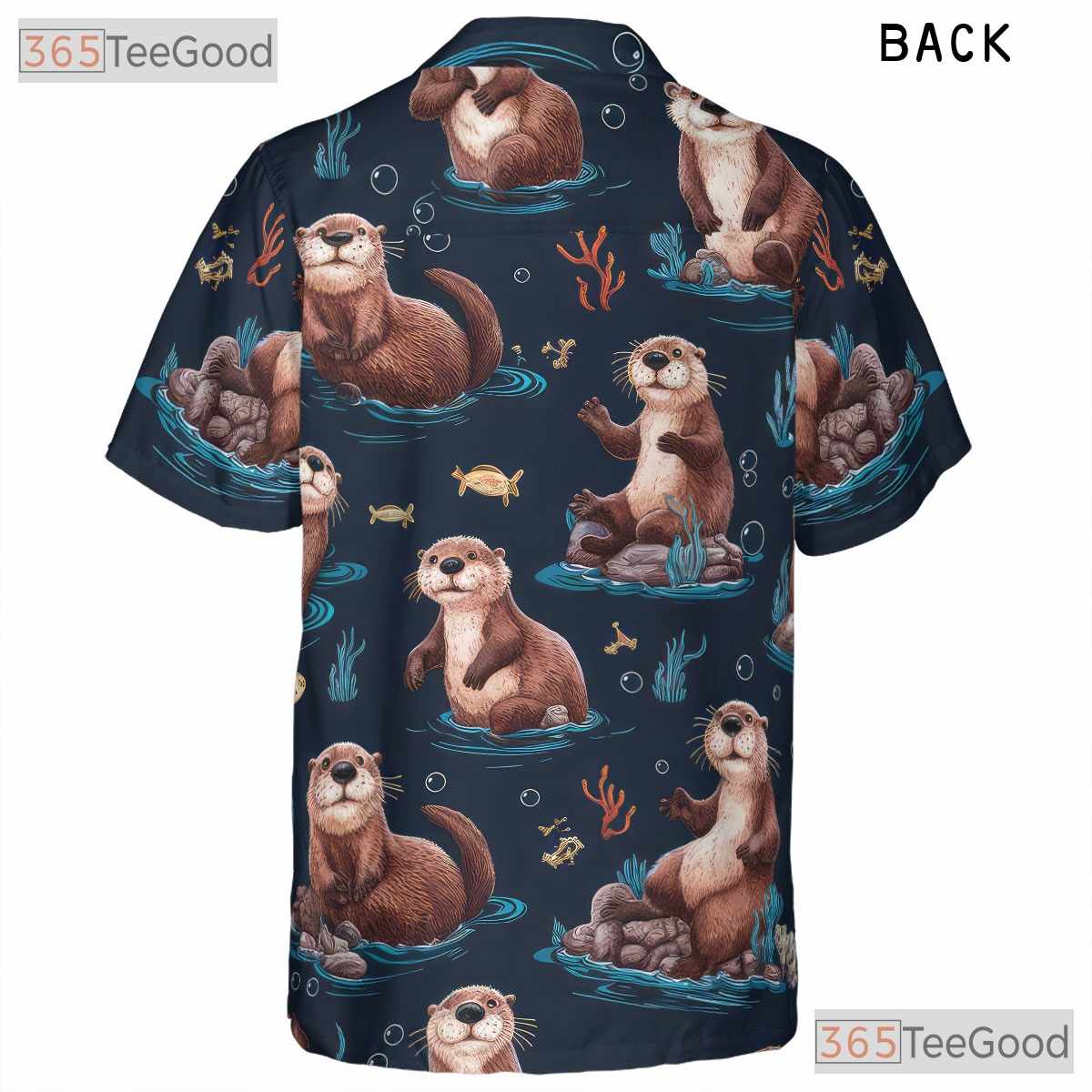 Cute Sea Otters Ocean Pattern Navy Blue Hawaiian Tee Men Women Aloha Outfit