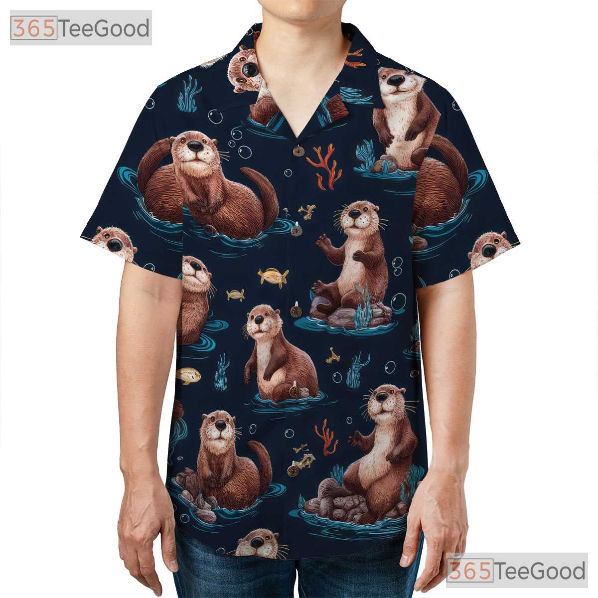 Cute Sea Otters Ocean Pattern Navy Blue Hawaiian Tee Men Women Aloha Outfit