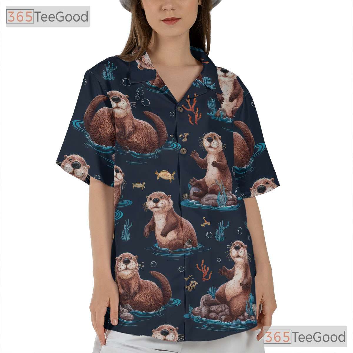 Cute Sea Otters Ocean Pattern Navy Blue Hawaiian Tee Men Women Aloha Outfit