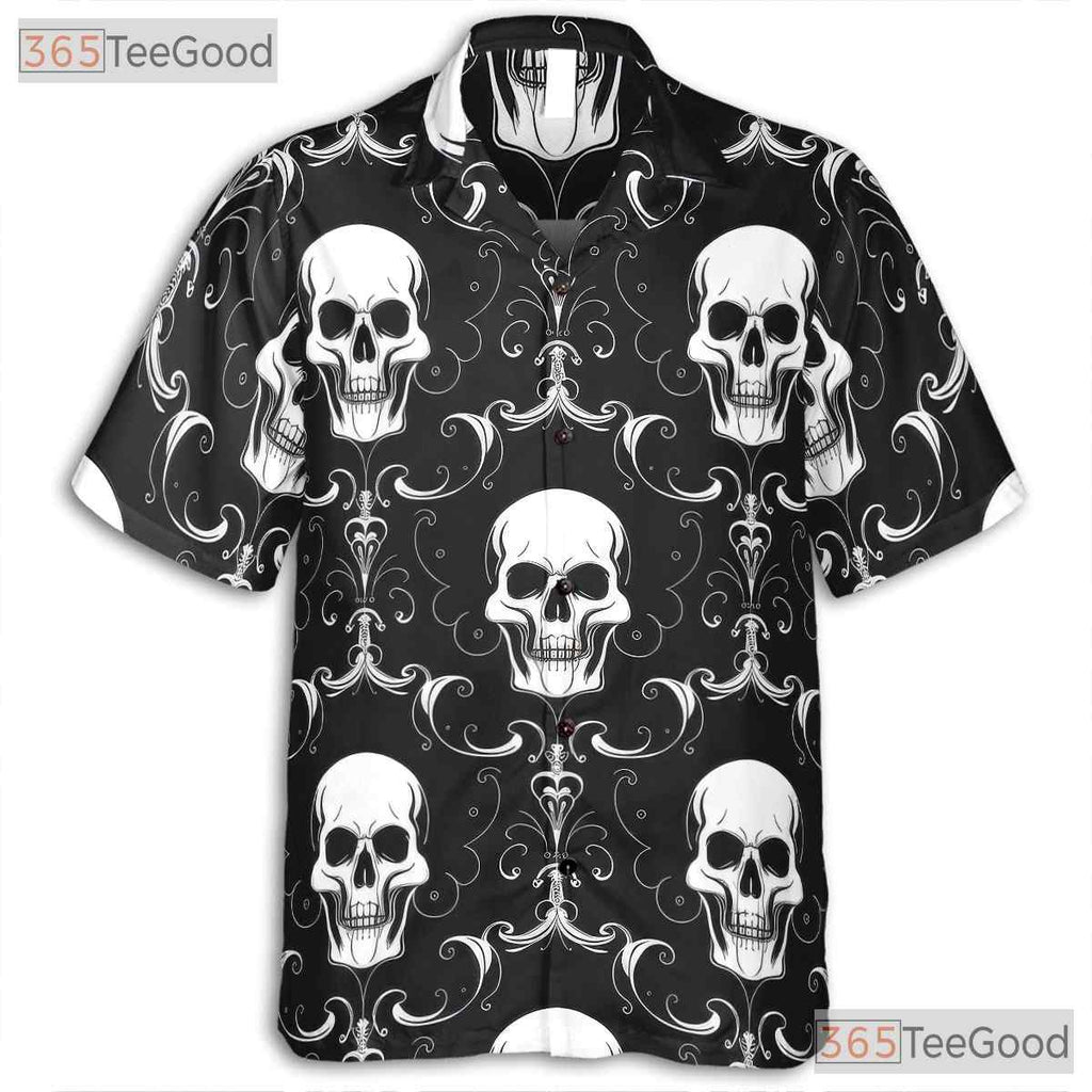 Dark Baroque Gothic Skull Hawaiian Shirt - Men's Damask Floral Outfit Tee