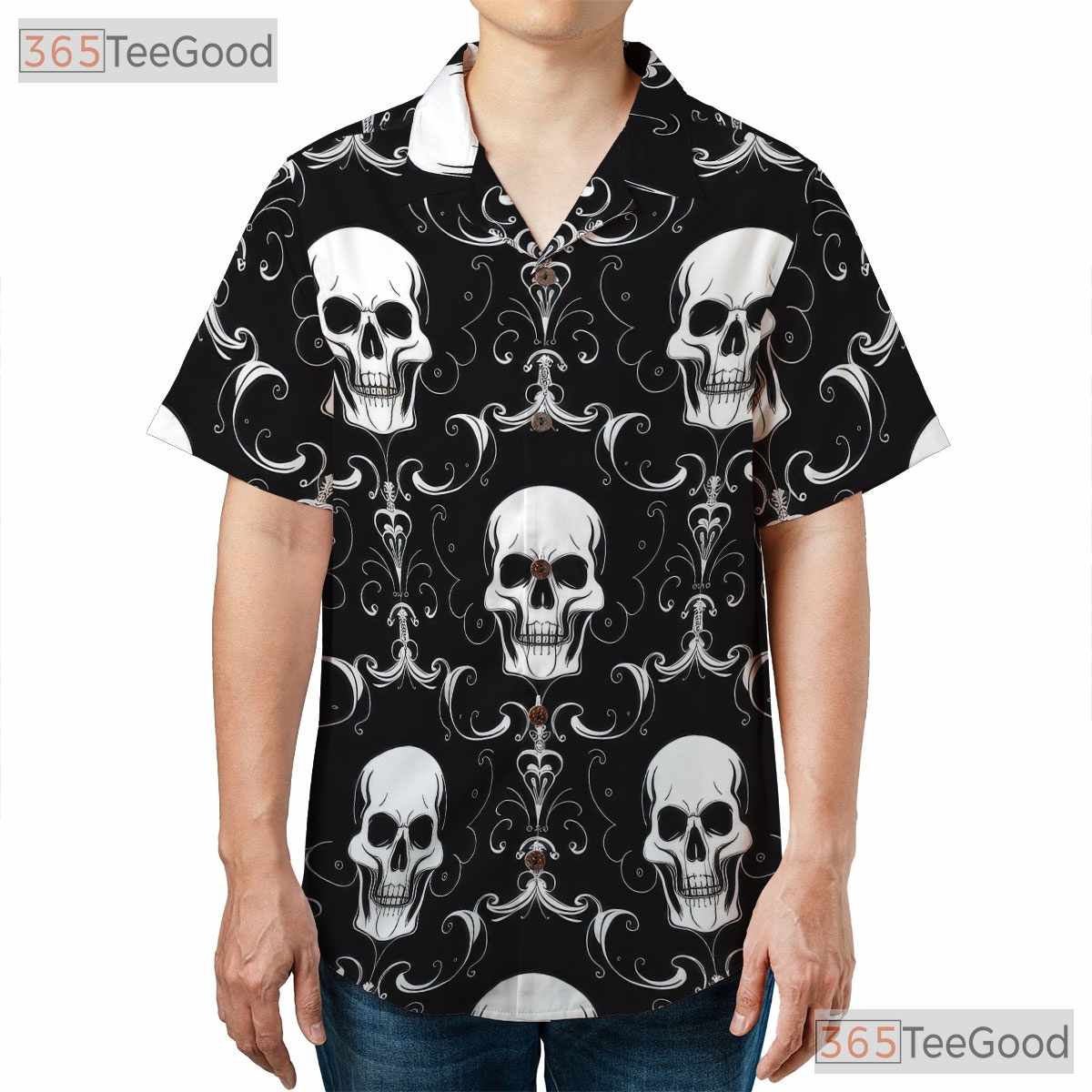 Dark Baroque Gothic Skull Hawaiian Shirt - Men's Damask Floral Outfit Tee