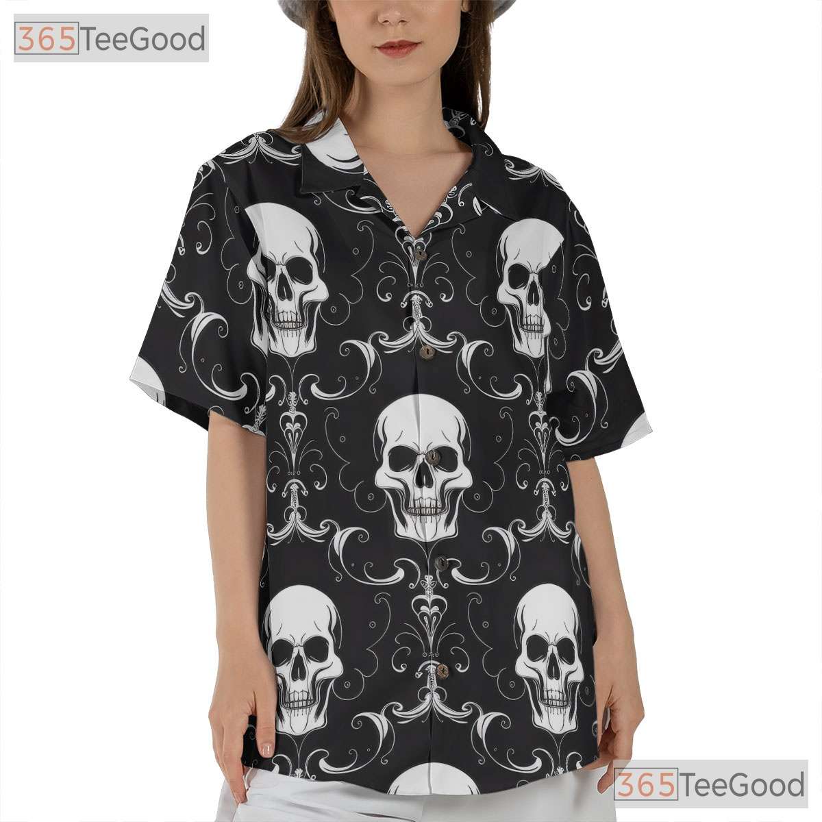Dark Baroque Gothic Skull Hawaiian Shirt - Men's Damask Floral Outfit Tee