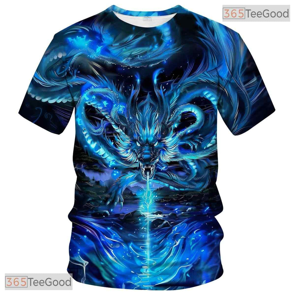 Dark Blue Mythology Chinese Dragon 3D Graphic Printed Casual Unisex Tee Shirt