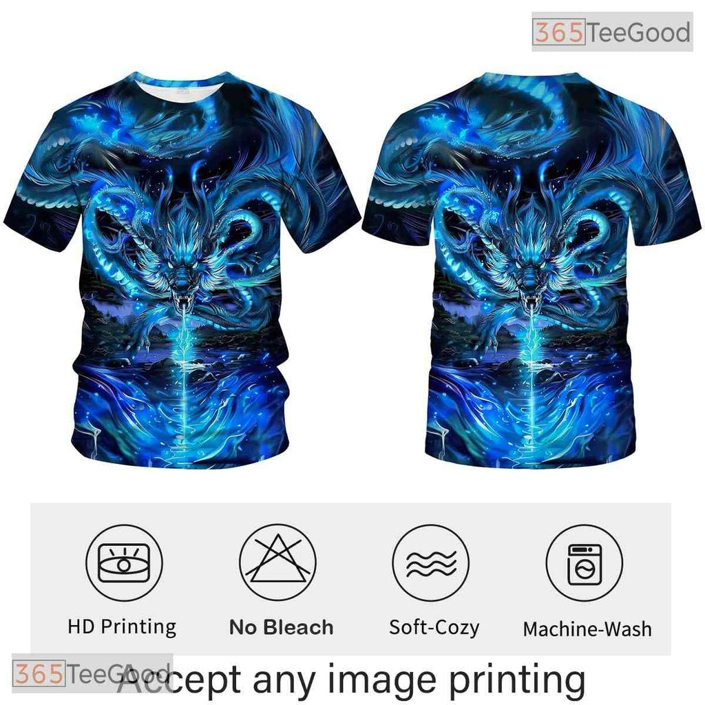 Dark Blue Mythology Chinese Dragon 3D Graphic Printed Casual Unisex Tee Shirt