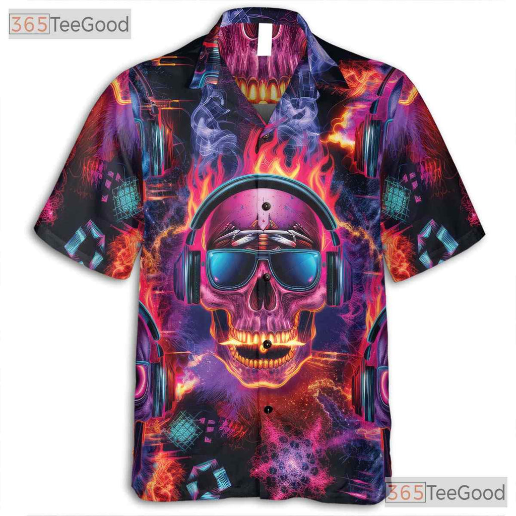 Dark Gothic Neon Skull Skeleton Print Hawaiian Shirt Unisex Summer Party Outfit