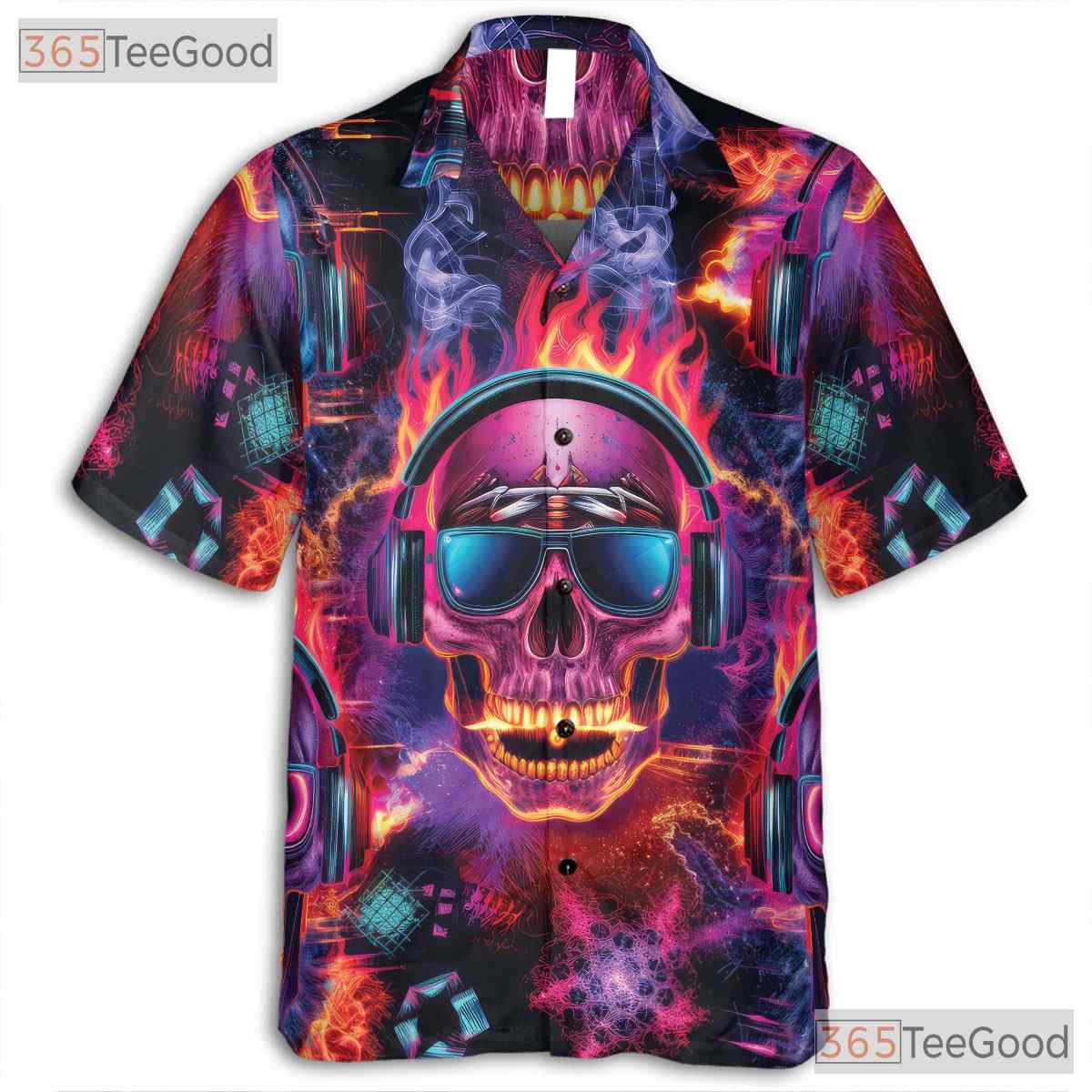 Dark Gothic Neon Skull Skeleton Print Hawaiian Shirt Unisex Summer Party Outfit