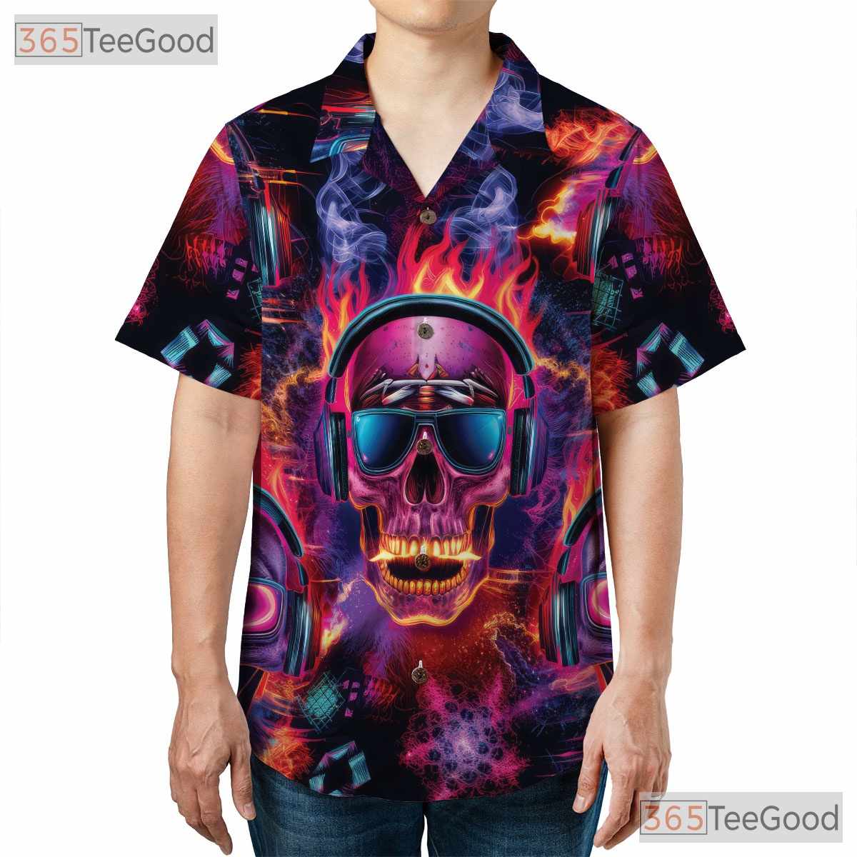 Dark Gothic Neon Skull Skeleton Print Hawaiian Shirt Unisex Summer Party Outfit