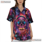 Dark Gothic Neon Skull Skeleton Print Hawaiian Shirt Unisex Summer Party Outfit