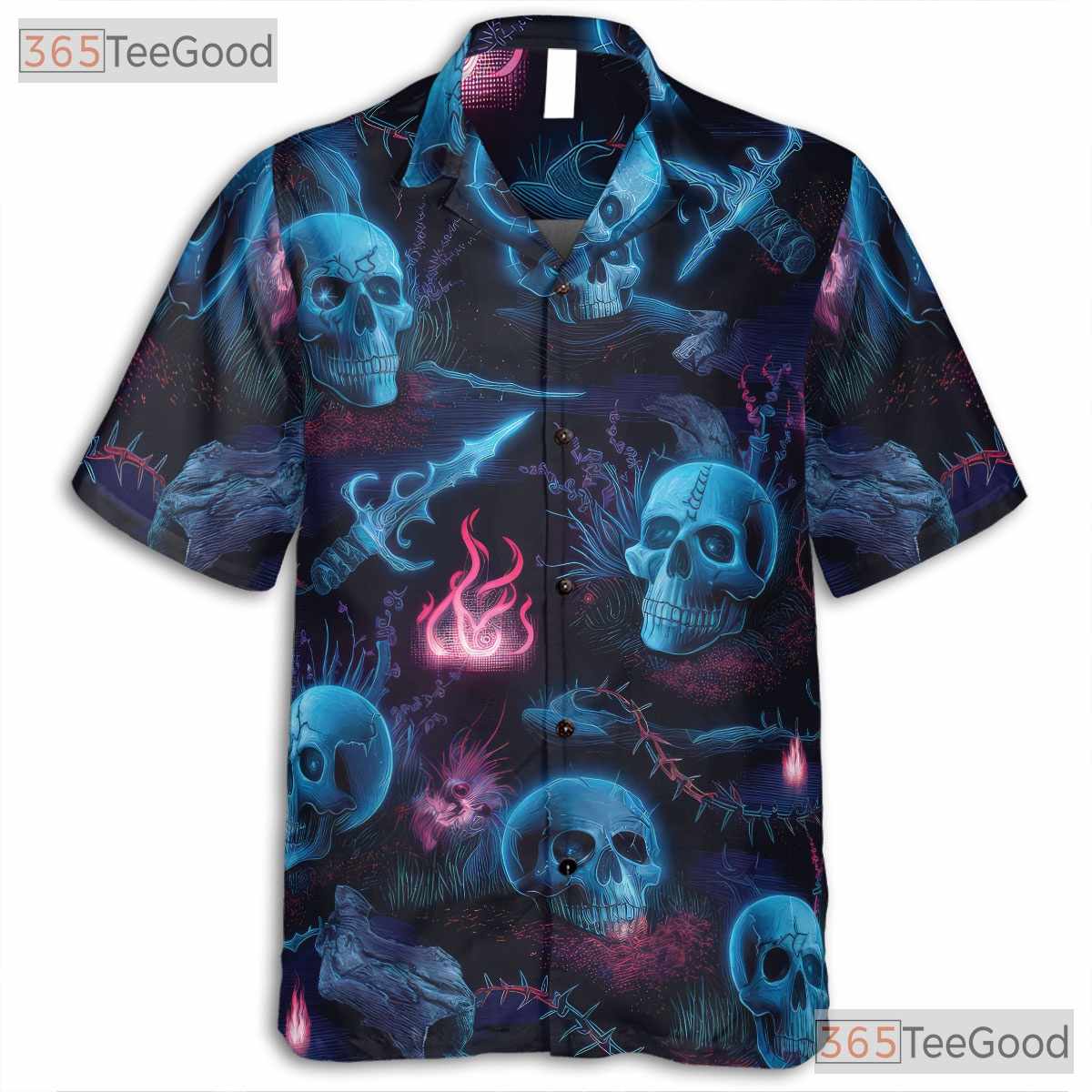 Dark Gothic Skeleton Blue Neon Skull Hawaiian Shirt Unisex Summer Vacation Top