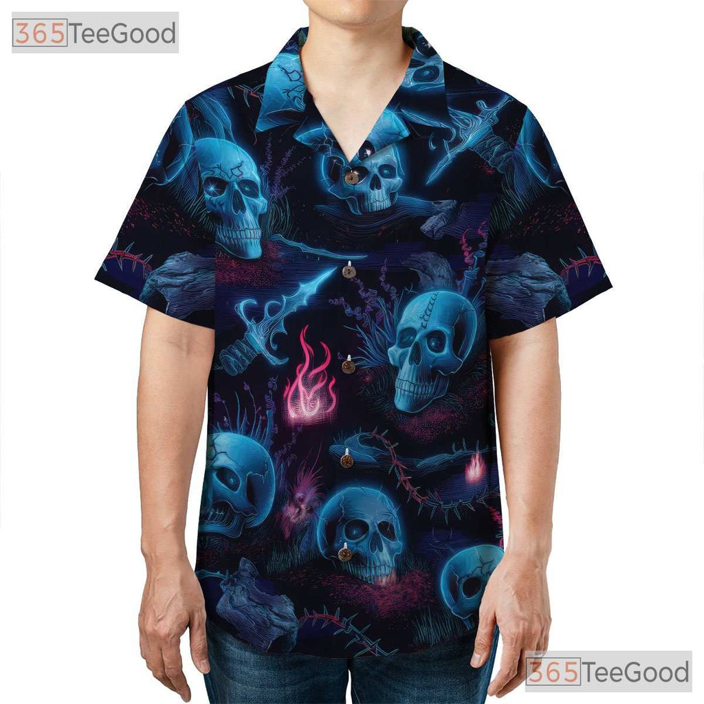 Dark Gothic Skeleton Blue Neon Skull Hawaiian Shirt Unisex Summer Vacation Top