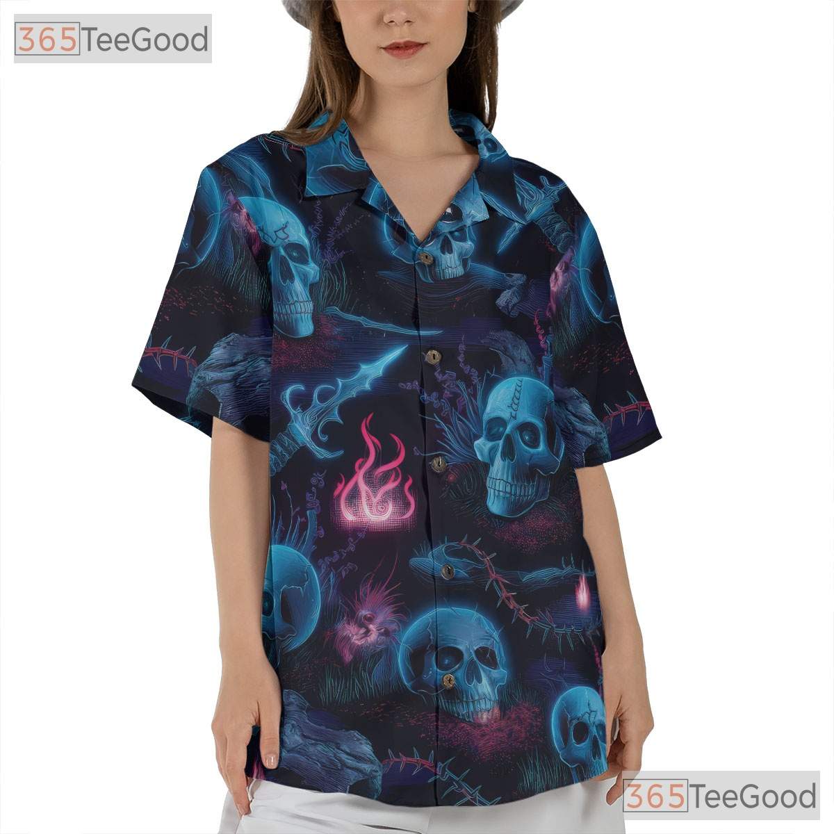 Dark Gothic Skeleton Blue Neon Skull Hawaiian Shirt Unisex Summer Vacation Top