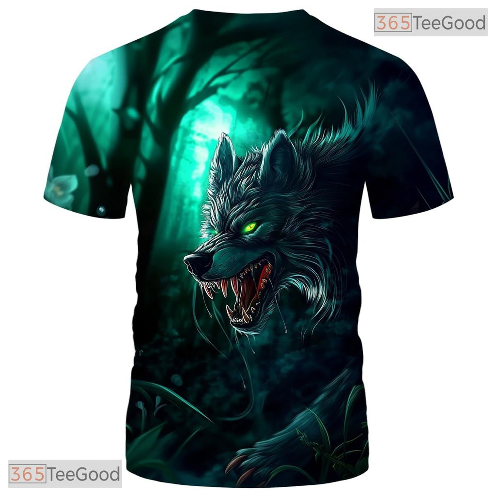 Dark Green Wild Wolf Funny Graphic Novelty 3D Printed Casual Unisex T-Shirt Tops