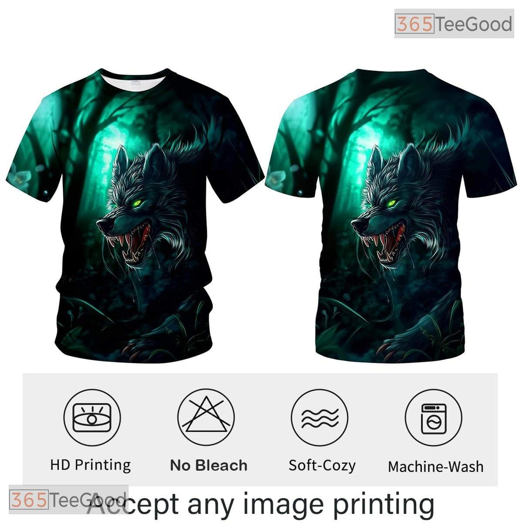 Dark Green Wild Wolf Funny Graphic Novelty 3D Printed Casual Unisex T-Shirt Tops