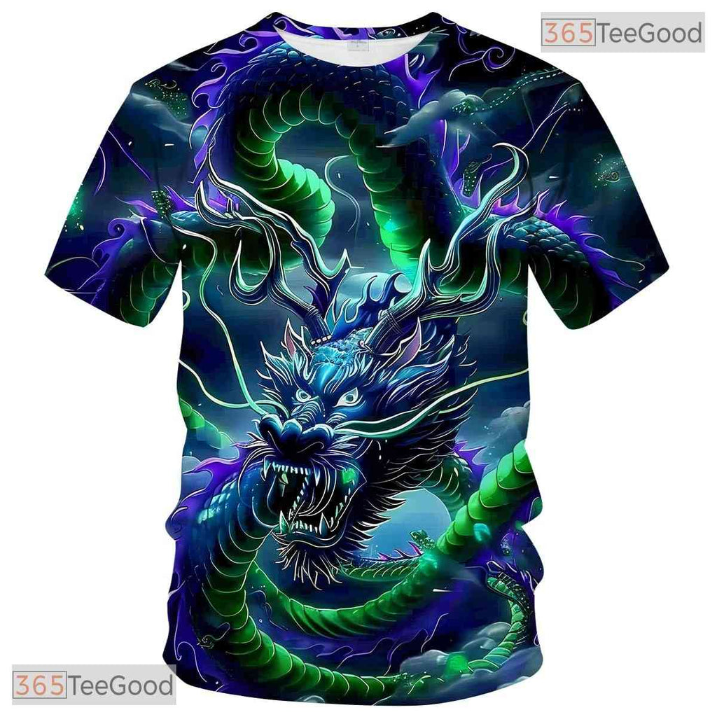 Dark Green Mythology Chinese Dragon 3D Graphic Printed Casual Unisex Tee Shirts